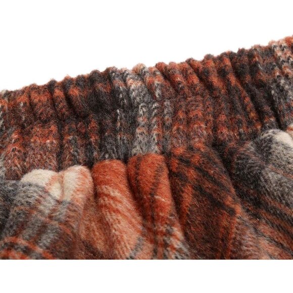 Womens Long OrangeNew Elastic Waist A-Line Pleated Tartan Long Plaid Wool Skirts - Picture 6 of 6